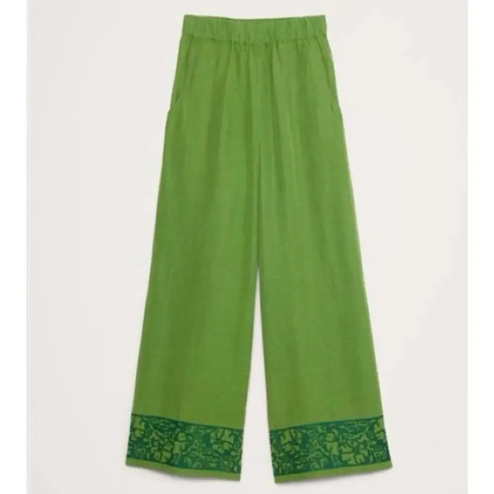 Banana Republic Green High Rise Wide Leg Embroidered Linen Pants, Women's M NWT